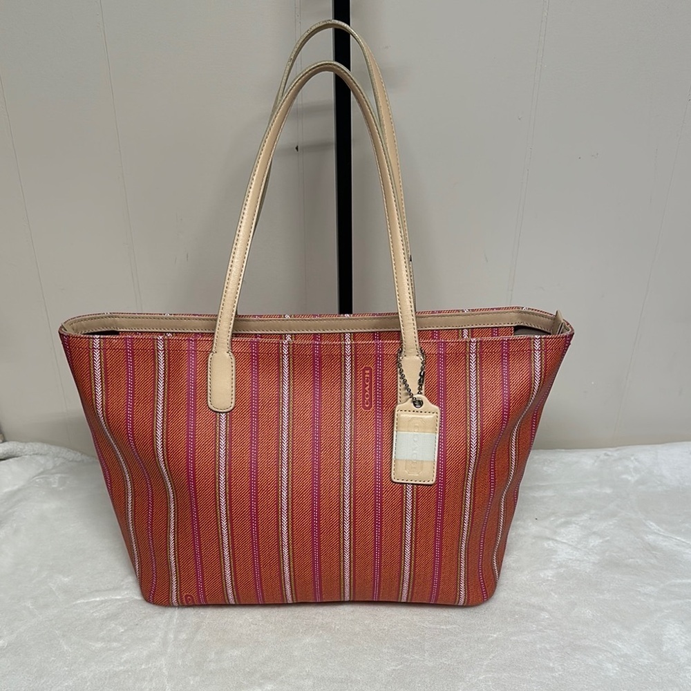 Coach Legacy Red And Cream Striped Tote